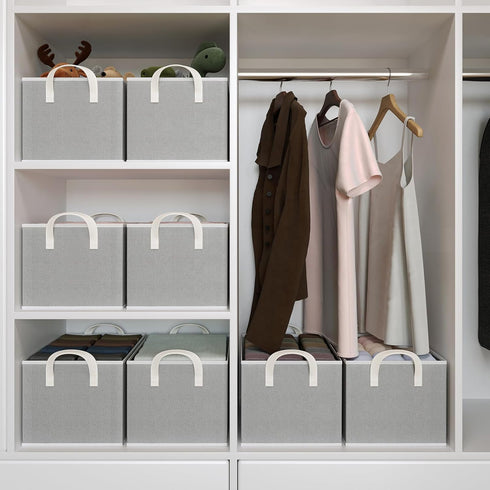 Storage Bins for Shelves, 3-Pack Medium Linen Organizers and Collapsible Baskets with Handles for Bedroom, Gray