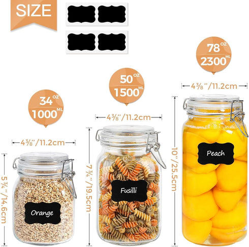 ComSaf Airtight Glass Canister Set of 3, 34oz Food Storage Jar - Square Storage Container with Clear Preserving Seal