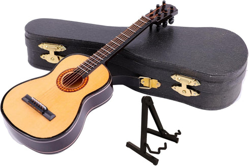 Dselvgvu (9.84"x3.62"x1.18") Wooden Miniature Guitar with Stand and Case Mini Musical Instrument Guitar Replica