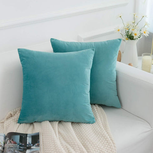 RainRoad Velvet Decorative Throw Pillow Covers - Soft Square Light Teal Cushion Cover 18x18 Inch, Set of 2