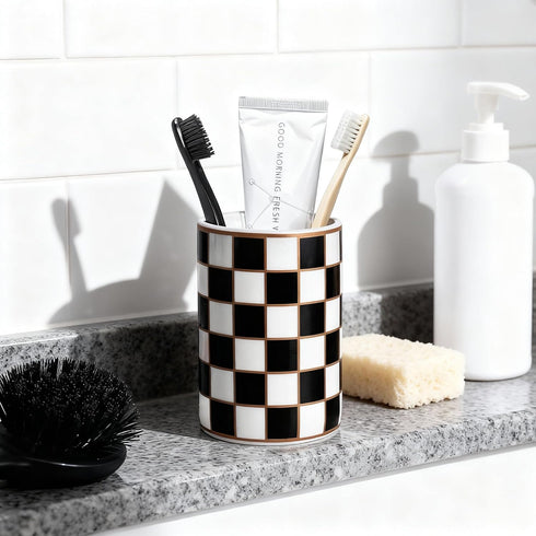 countertop Checkered Bathroom Toothbrush Holder, Bathroom Black and White Ceramic Toothbrush Holder, Modern Toothbrush