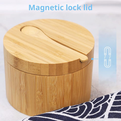HTB Bamboo Salt Cellar with Mini Spoon, Kitchen Salt Box with Swivel Magnetic Closure Lid, Round Salt Container