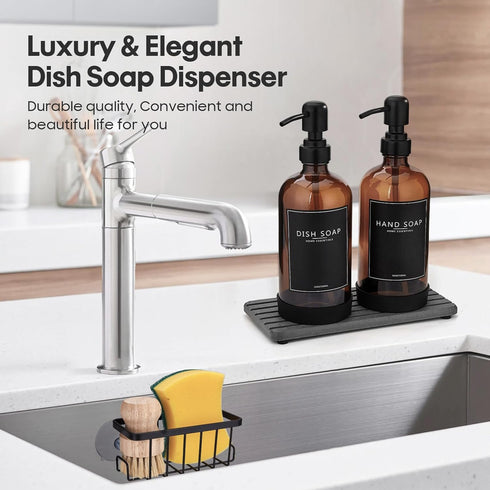 NEECZS Set Holder,16 Oz Set,Stainless Kitchen Soap Dispenser with Instant Dry Tray & Sponge Hand and Dish Soap Amber