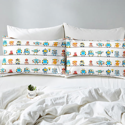 Set Set 4pcs 2 Set Manfei Watercolor Robots Sheet Full Cartoon Toy Theme Bed Sheet with Deep Pocket Fitted Sheet + Flat