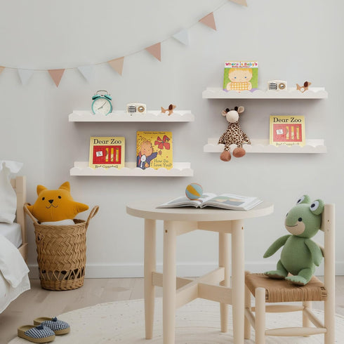 Set 4 Decor(White,60cm) Scalloped Baby Book Shelf,Floating Shelves for Wall of Solid Pine Wood Nursery Bookshelves