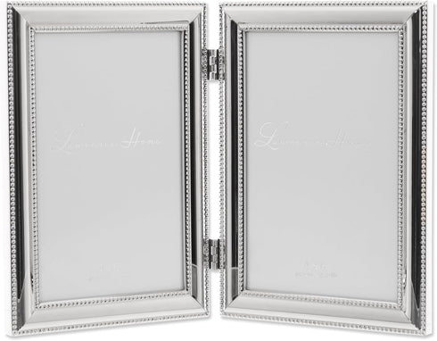 Lawrence Frames 4 by 6-Inch Hinged Double Metal Picture Frame, Silver-Plate with Delicate Beading (Vertical)