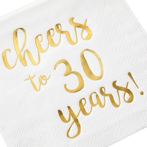 Juvale Cheers to 30 Years Cocktail Napkins, 5 x 5 In, 3-Ply White & Gold Foil, 50 Pack