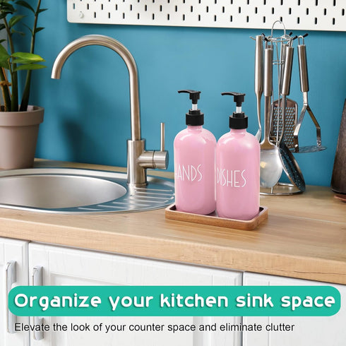 ALELION Dish Soap Dispenser for Kitchen, 16 OZ Glass Hand Soap Dispenser Set with Acacia Wood Tray, Pink Kitchen Decor