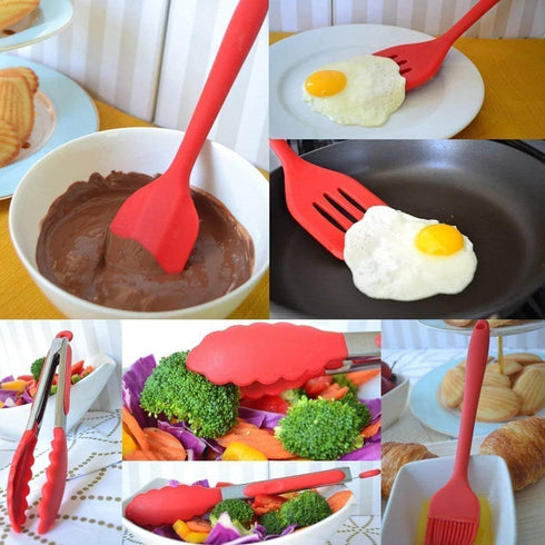 Kitchen Utensils Set, 10+1 Piece Silicone Heat-Resistant Non-Stick Cooking Tools in Red