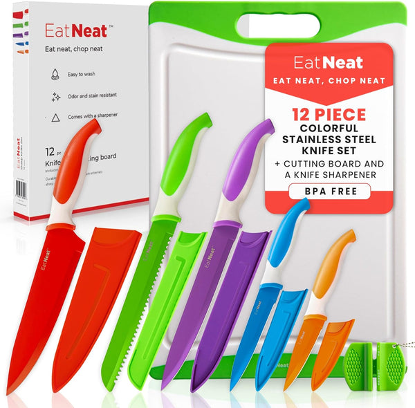 EatNeat 12 Piece Knife and Cutting Board Set, Colorful Non-Stick Stainless Steel Chef Knives with Sheaths & Sharpener