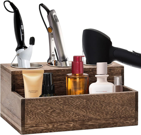 Rustic Wooden Hair Dryer Holder - Hair Tools Organizer with 3 Circular Holes and 1 Compartment for Bathroom Vanity