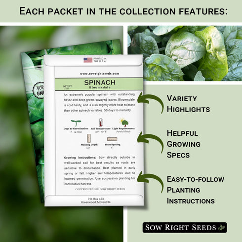 Packets Sow Right Seeds - Spinach Seed Collection for Planting - Viroflay, Malabar & Bloomsdale Spinach - Cold Hardy