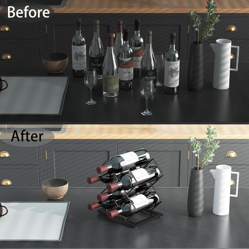 Countertop Wine Rack, 6 Bottles Storage Capacity, Modern Metal Wine Bottle Holder for Bar, Cabinet, Pantry