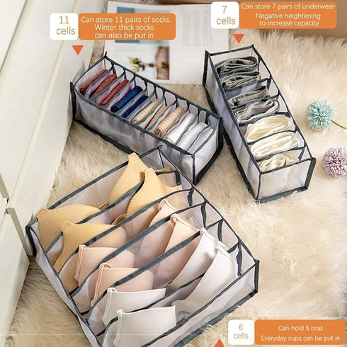 3 Set Underwear Organizer, Foldable Bra Underwear Drawer Divider Bins for Socks, Ties, Bras, Gray Storage Compartment