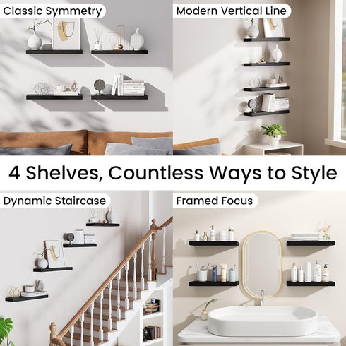 15.7in 22lbs Set 4) BAYKA Floating Shelves for Wall, Wall Mounted Rustic Wood Shelves for Bathroom, Bedroom, Living