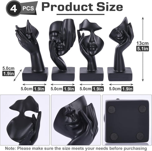 4 Set PCS Black Thinker Statue Abstract Sculptures Home Decor for Bookshelf, Office, TV Stand Knick Knacks See No Evil