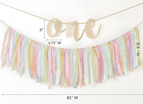 1st Set PapaKit Girls Birthday High Chair Premium Decoration - Pastel Rainbow Ribbon Garland, Crown, One Banner & Cake