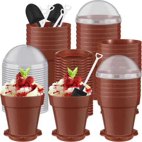 Honeydak 50 Pack Flowerpot Dessert Cup Plastic Cake Cups with Lid Shovel