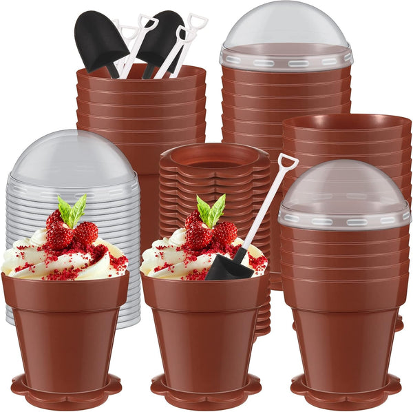 Honeydak 50 Pack Flowerpot Dessert Cup Plastic Cake Cups with Lid Shovel
