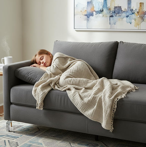 KyraHome 100% Organic Cotton Muslin Blankets, 50"x60" Lightweight Plant-Dyed Throw Blanket (Oatmeal Khaki)