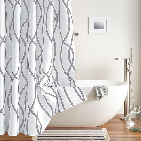 Biscaynebay Extra Long Textured Fabric Shower Curtain 72 W x 84 L, Silver Grey Striped Printed Linen, Machine Washable