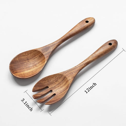 Muso Acacia Salad Servers, 12-Inch Wooden Tongs for Serving Salad Mixes, Set of 2