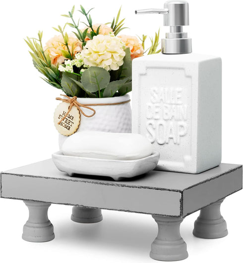 Decorative Wood Riser for Display, Modern Farmhouse Pedestal Stand for Home & Kitchen Decor, Rustic Bathroom Counter