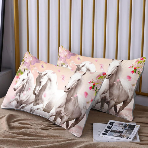 Set 2 3D Set HOSIMA Horse Bedding for Girls, Pink Cherry Blossom Printed Twin Comforter with Pillowcases, Farm Wild