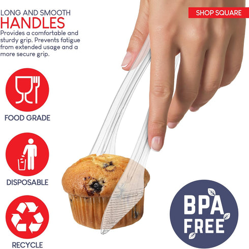 Disposable Plastic Serving Utensils, Set of 18 Clear Buffet Utensils, 6 Each of 6" Tongs, 10” Spoons, 10” Forks