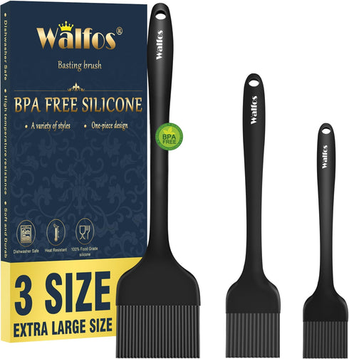 Walfos 3 Size Basting Brush - High Heat Resistant Silicone Pastry Brushes for Kitchen Cooking, Barbecue, Baking,