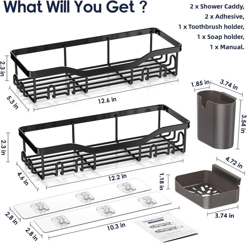 Shower Caddy Adhesive Shower Organizer Bathroom Shower Shelves, Wall Shelf for Inside Shower Storage with Soap Dish&16 Hooks, Rustproof Stainless Steel No Drilling Rack Home Decor 2 Pack Large by NESOMI
