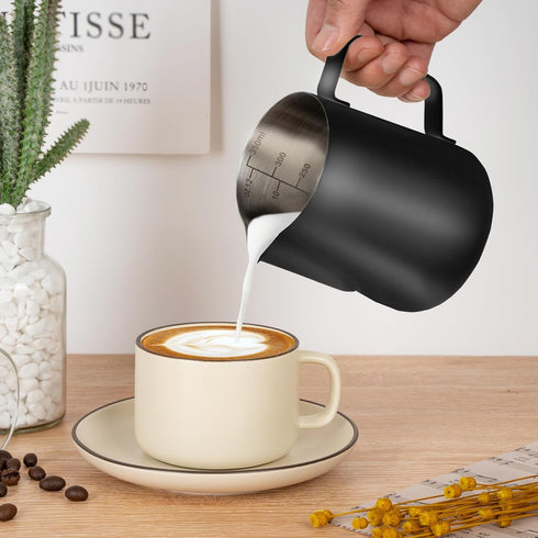 Milk Frothing Pitcher, 12oz Stainless Steel Cup with Clear Scale, Cappuccino Accessories for Barista Coffee Bar