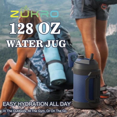 Zukro 1 Gallon Water Jug, 128 oz Large Stainless Steel Sport Water Bottle, Triple Wall Insulated, Leak Proof, Cyan