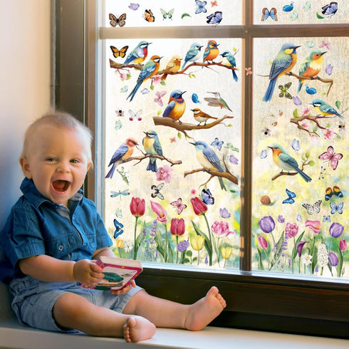 Spring Window Cling Sticker - 78PCS Tulip Butterfly Flower Hummingbirds Window Decal to Prevent Bird Strikes Home Party Decor Supplies Store Office Glass Window Display