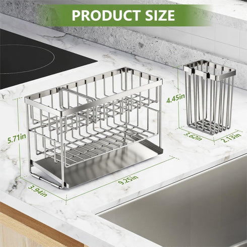 2-Tier Countertop Cisily Silver Kitchen Sink Caddy Organzier Rack with Flexible Dish Brush Holder, Sponge Holder