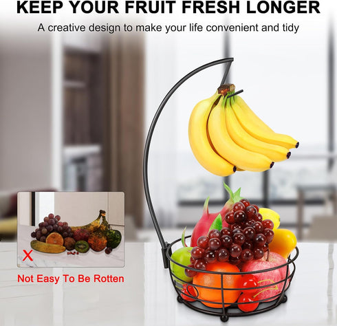 Countertop Fruit Basket Bowl with Banana Hanger, Modern Storage for Fruits and Vegetables, Round Metal, Black