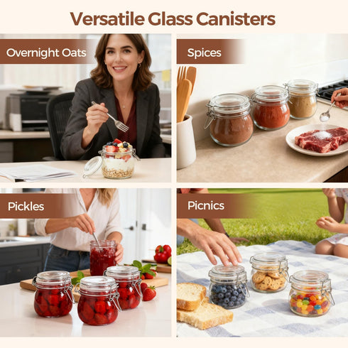 6-Pack 17oz Set ComSaf Short Glass Jars for Drawers, Small Airtight Food Canisters for Spices, Nuts & Kids Snacks, Pint