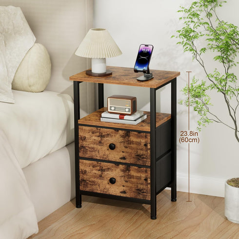2 HETS002BR-1 LOAKEKEL Night Stand, Nightstand with Fabric Drawers for Bedroom, Small End Table with Open Storage