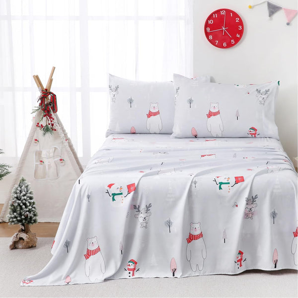 Yibeizi Kids Christmas Sheets Full Size, Light Grey Bear Snowmen Printed Sheet
