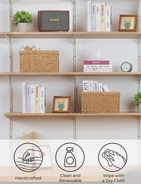 StorageWorks Round Paper Rope Storage Baskets, Medium Rectangular Wicker Baskets with Built-in Handles, 2-Pack, 13 ¼ x