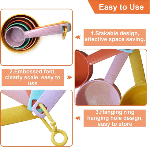 Plastic Measuring Cups and Spoons Set - 10 Pcs Colorful Kitchen Measuring Tools, Engraved Metric/US Markings, Stackable