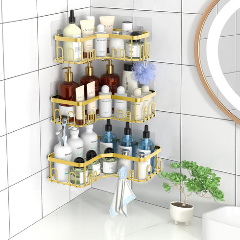 Menbyci 3 Pack 18 Corner Shower Caddy, Adhesive Bathroom Shelves with Hooks, Drill-Free & Quick-Dry Shower Organizer