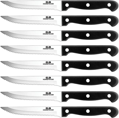 G.a HOMEFAVOR Steak Knife Set - 8 Pieces Full Tang Sharp Serrated Knives Cutlery Set, Stainless Steel, Black