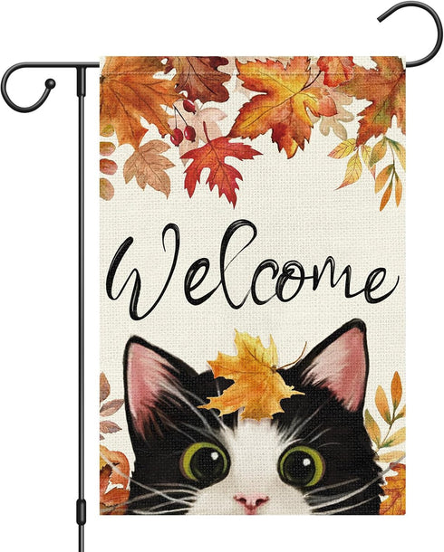Welcome Fall Garden Flag 12 x 18 Inch Double Sided Burlap, Cute Cat Yard Flags for Thanksgiving Outdoor Decoration