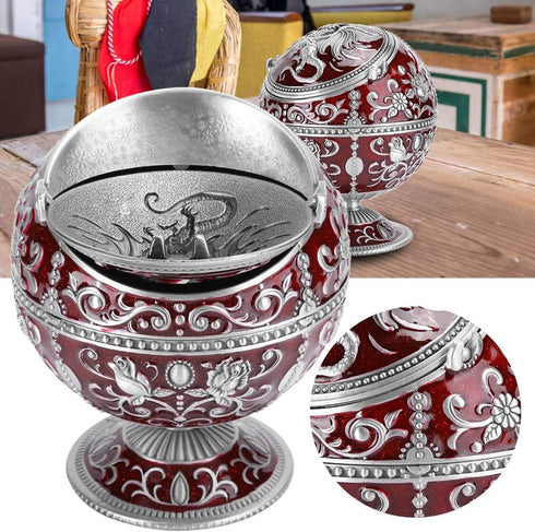 Vintage Windproof Ashtray with Lid, Metal Ball Cigarette Tabletop Ashtray in Wine Red Globe Fly Dragon Shape