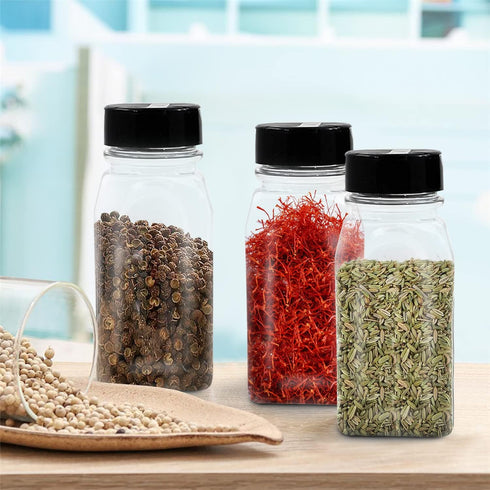RoyalHouse 6 Pack Plastic Spice Jars, 14 Oz, Clear BPA Free Containers with Black Cap, Made in USA