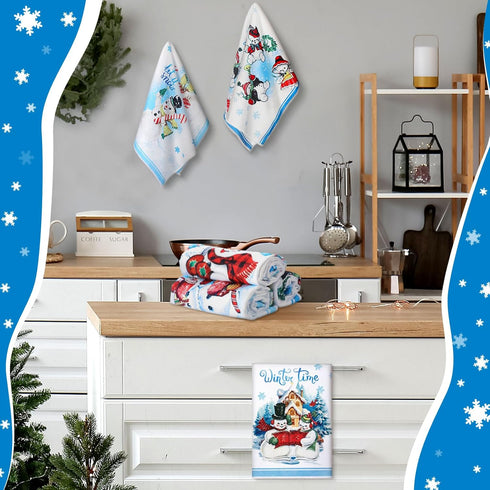 6 FuWeave Pcs Hello Winter Kitchen Towels Snowman Dish Blue Snowflake Tea Christmas Absorbent Hand Drying Towels Let it