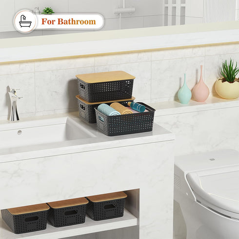 Plastic Storage Baskets with Bamboo Lid - 6 Pack Stackable Containers for Organizing Shelves, Drawers, Desktop, Office