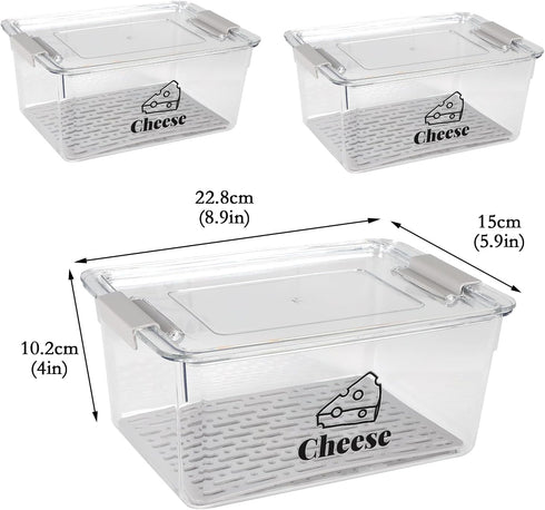 Yomjarl 3 Pack Cheese Container Airtight with Draining Basket Cream Block Cheese Sliced Cheeses Box with Lid Saver