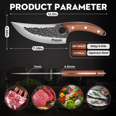 Huusk Upgraded Japan Kitchen Knife, Hand Forged Viking Butcher Knife with Sheath for Meat Cutting and BBQ